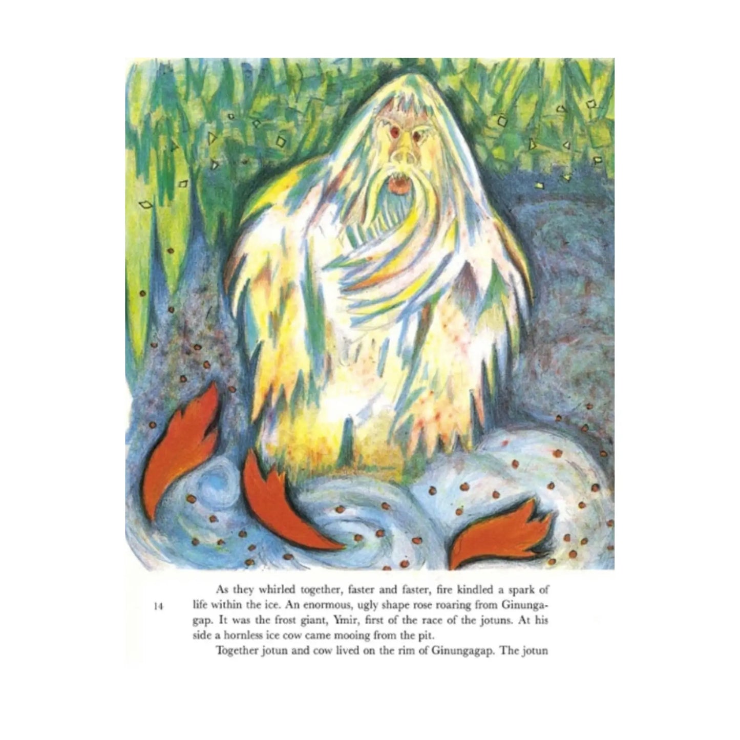 Colorful illustration of a creature emerging from ice with text below from D'Aulaires Norse Mythology