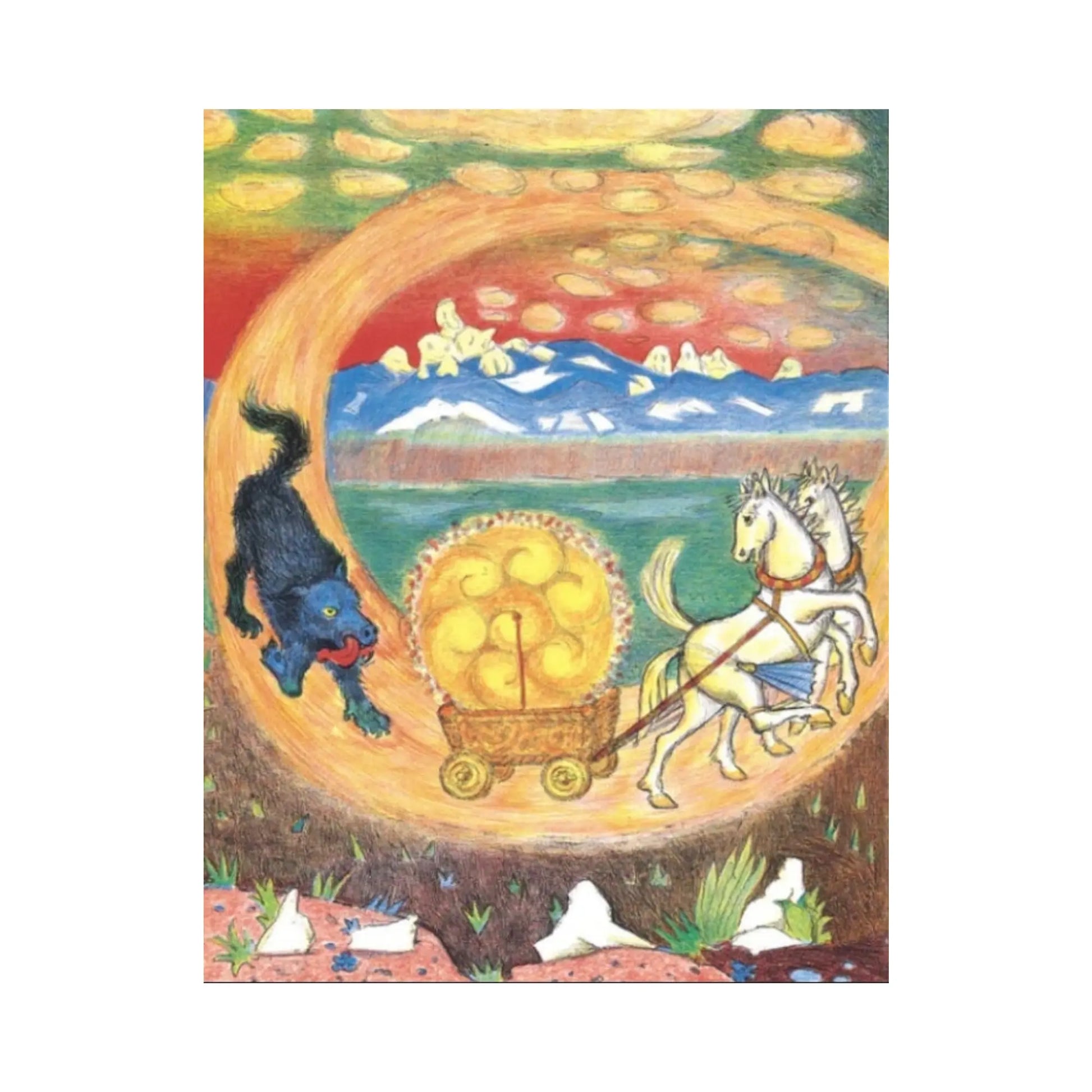 Colorful artwork with a horse pulling a cart, a creature, and mountains  from D'Aulaires Norse Mythology