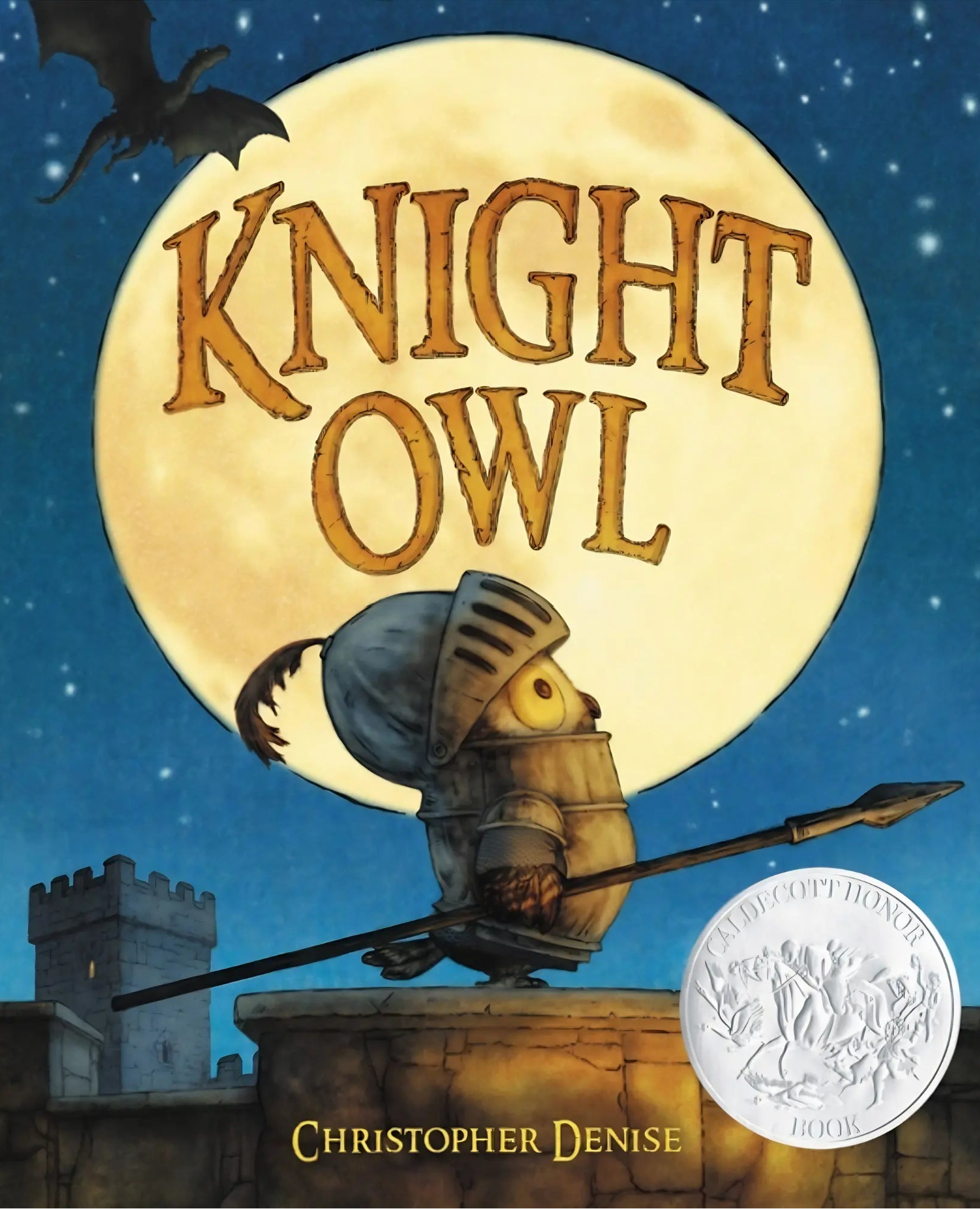 Book cover of 'Knight Owl' with an owl in armor against a moonlit sky.