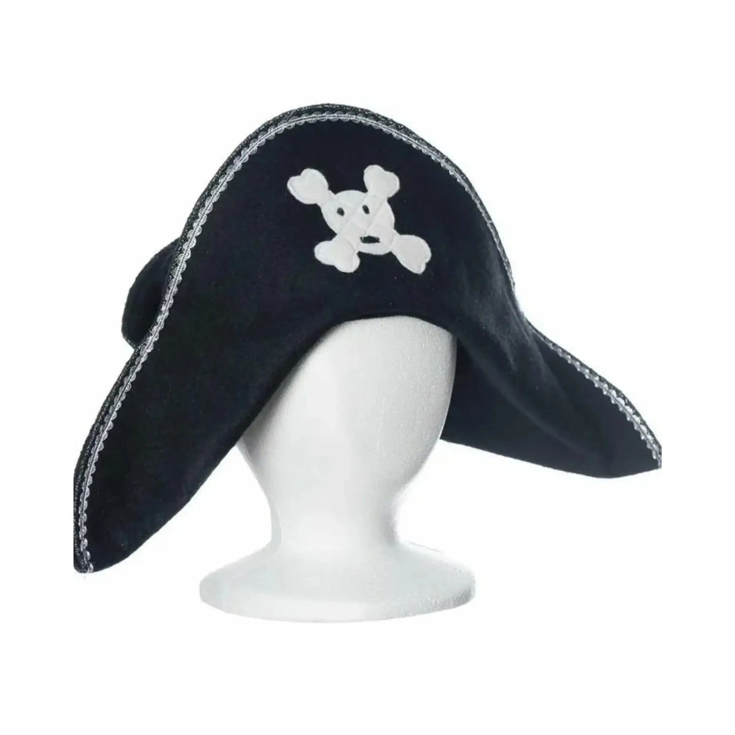 Black pirate hat with skull and crossbones design on a white mannequin head against a white background