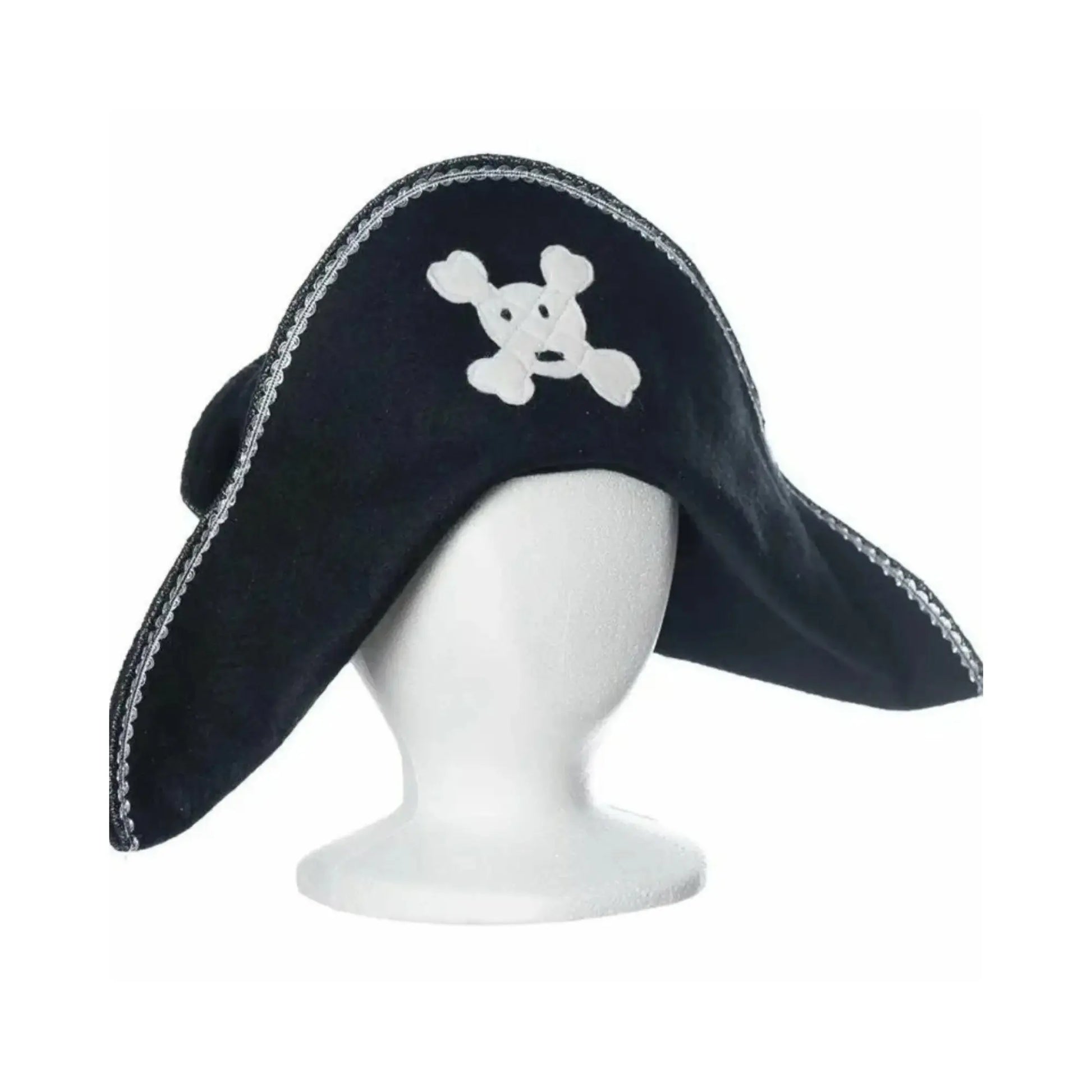 Black pirate hat with skull and crossbones design on a white mannequin head against a white background