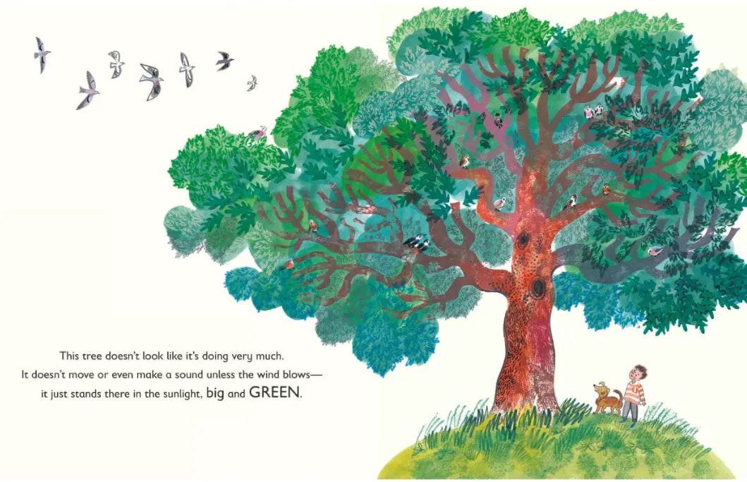 Illustration of a large tree with birds perched on it, accompanied by a child and a dog on a grassy patch.