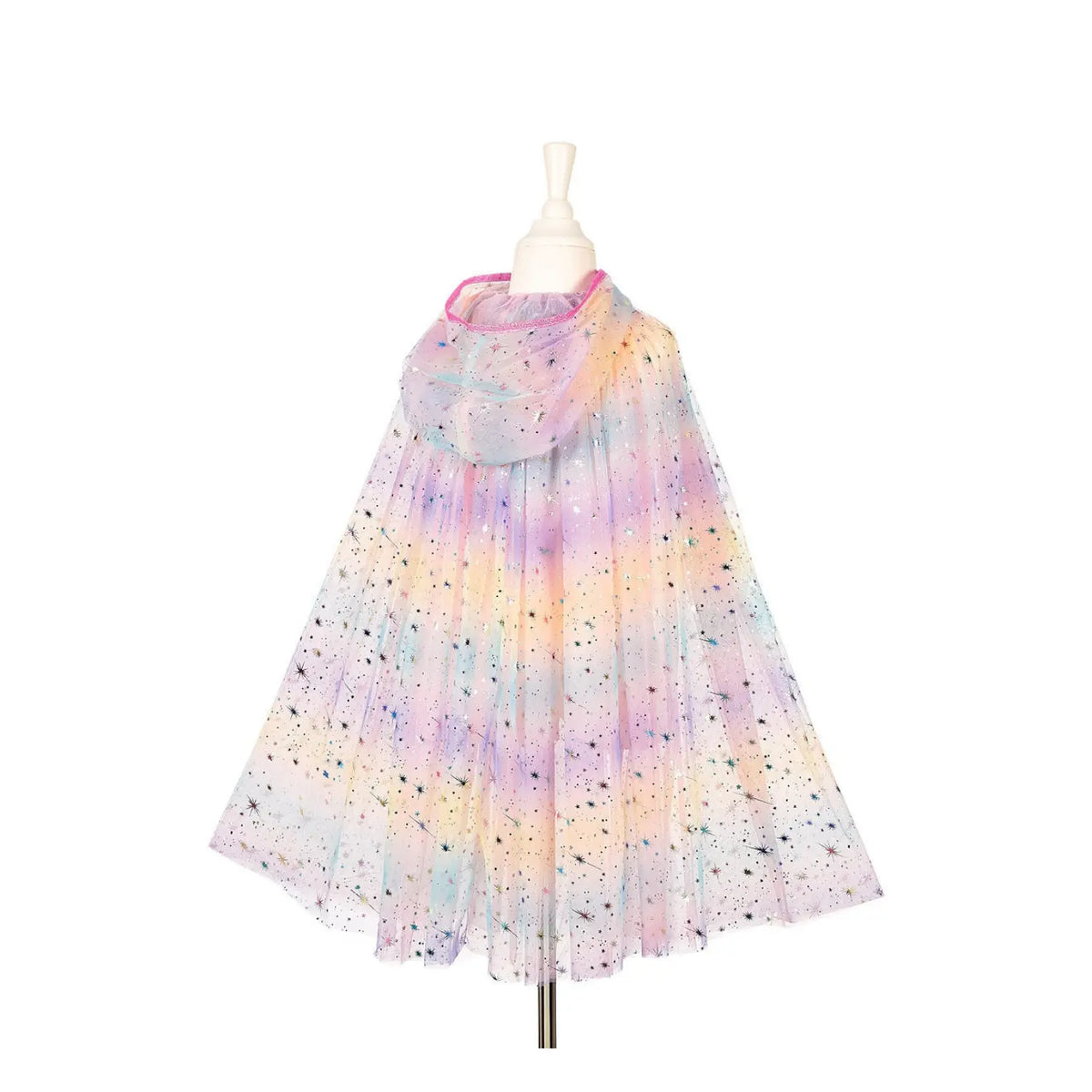 Rainbow tulle hooded cape for kids with soft layers and sparkle for dress-up play