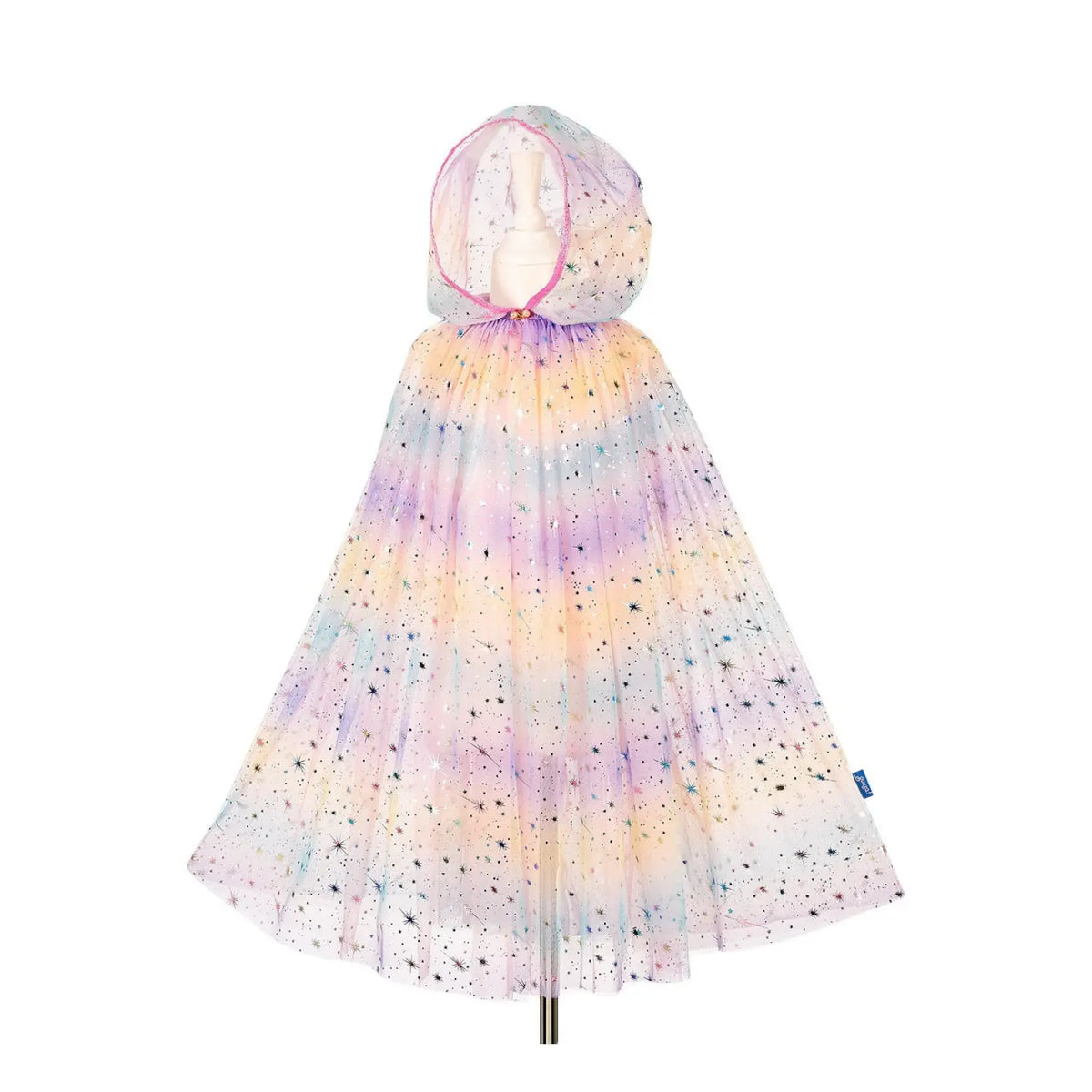 Rainbow tulle hooded cape for kids with soft layers and sparkle for dress-up play