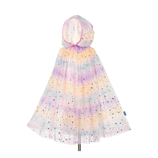 Rainbow tulle hooded cape for kids with soft layers and sparkle for dress-up play
