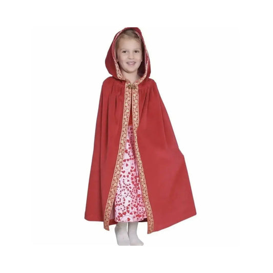 Child wearing red cotton velour hooded cape with gold trim for dress-up and imaginative play