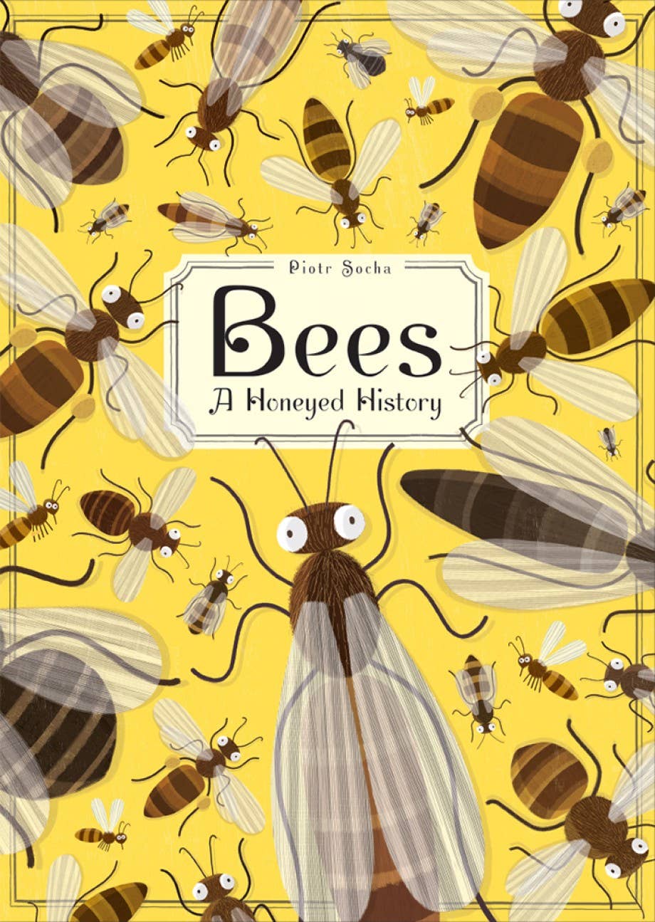 Book cover of 'Bees: A Honeyed History' with illustrations of bees on a yellow background.