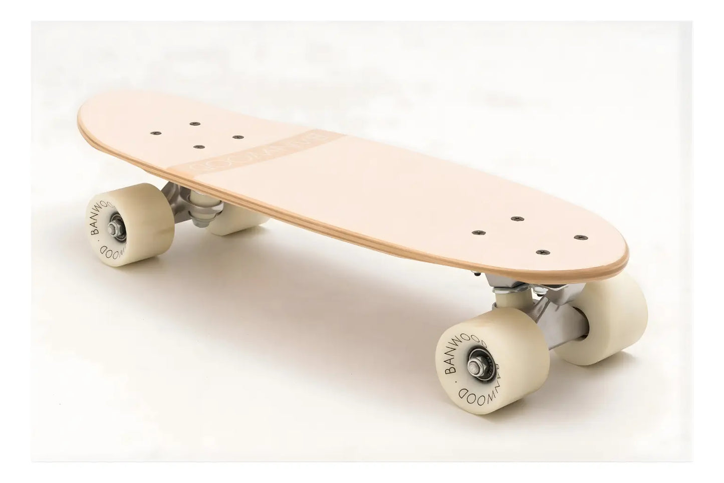 Wooden skateboard with cream wheels on a white background