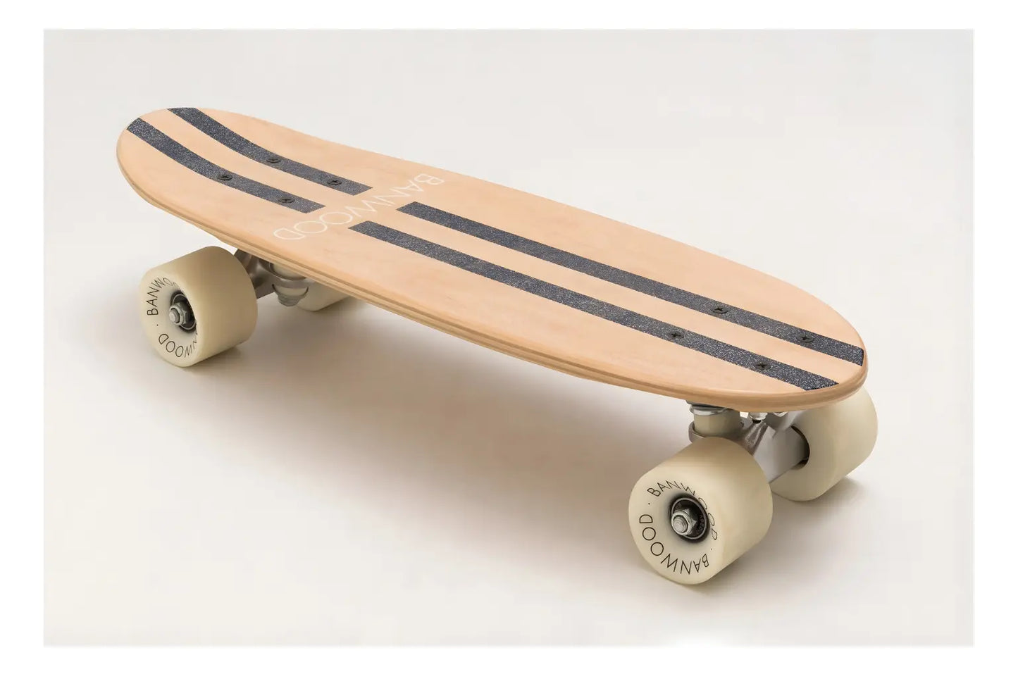 Wooden skateboard with navy blue stripes on a white background