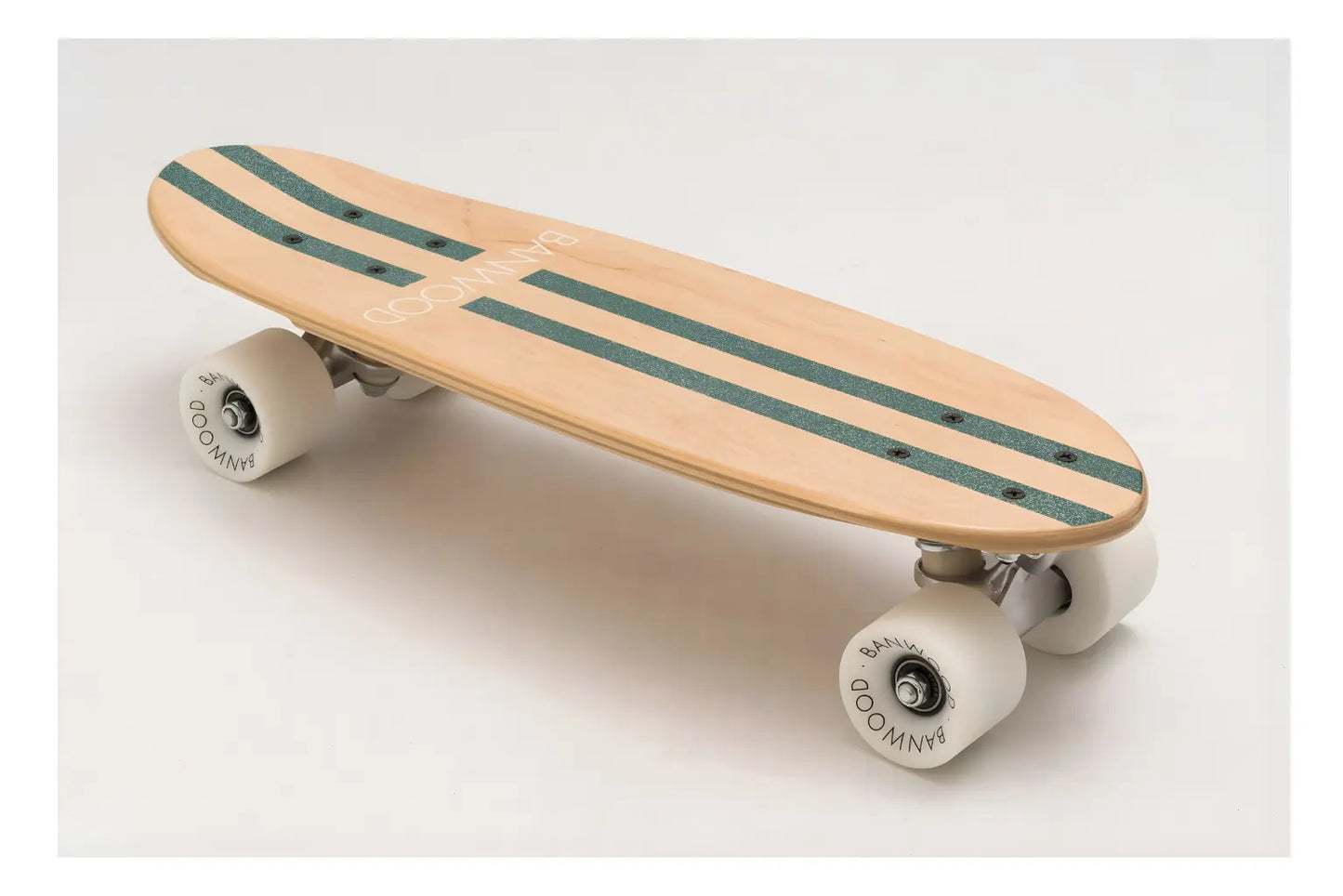 Wooden skateboard with green stripes on a white background