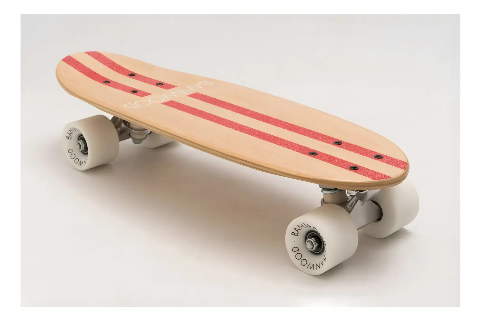 Wooden skateboard with red accents on a white background