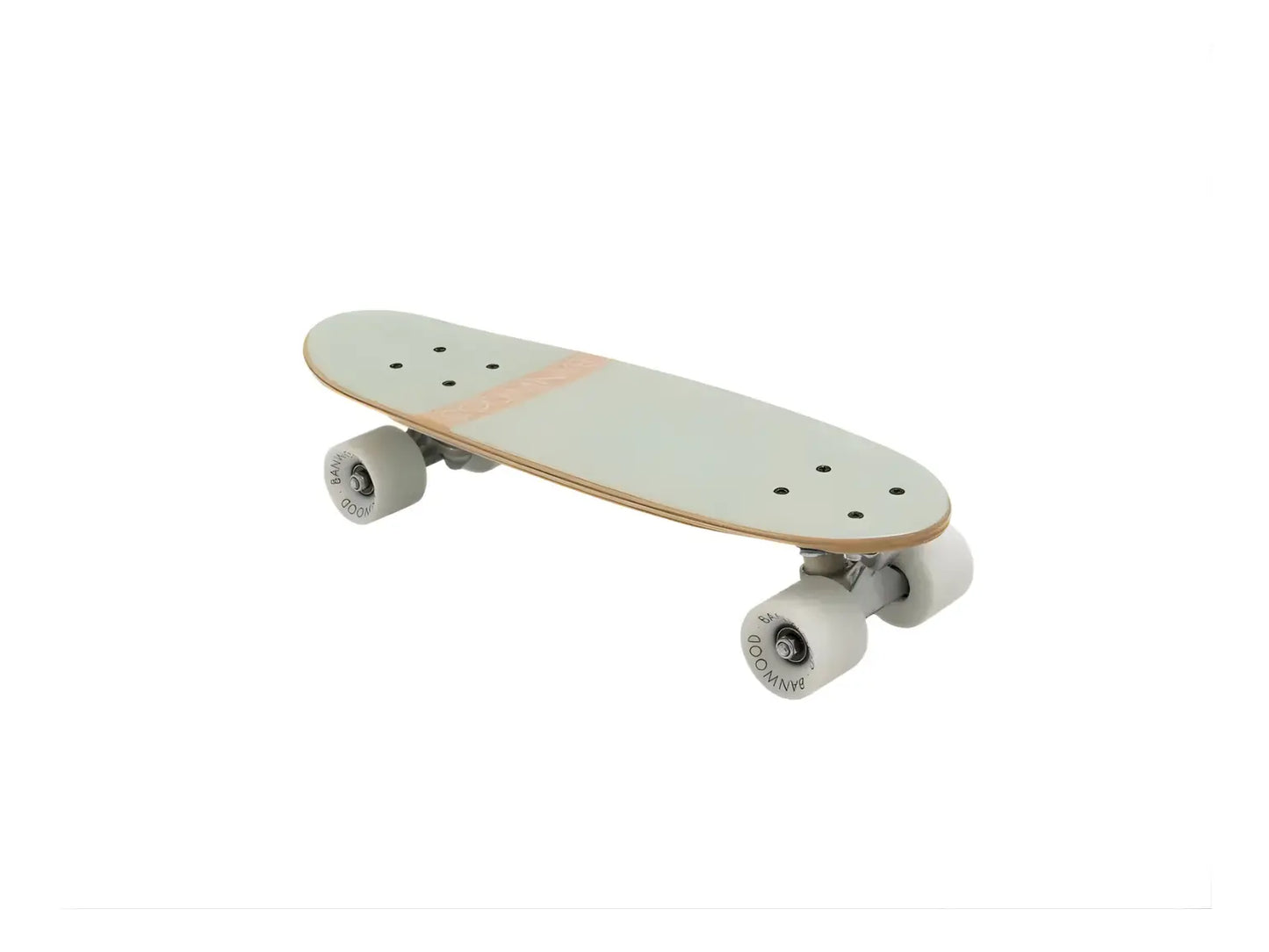 Skateboard with a light green deck and white wheels on a white background