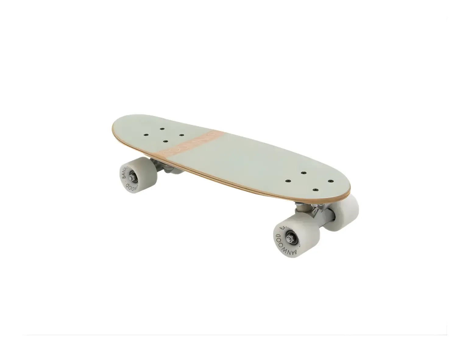 Skateboard with a light green deck and white wheels on a white background