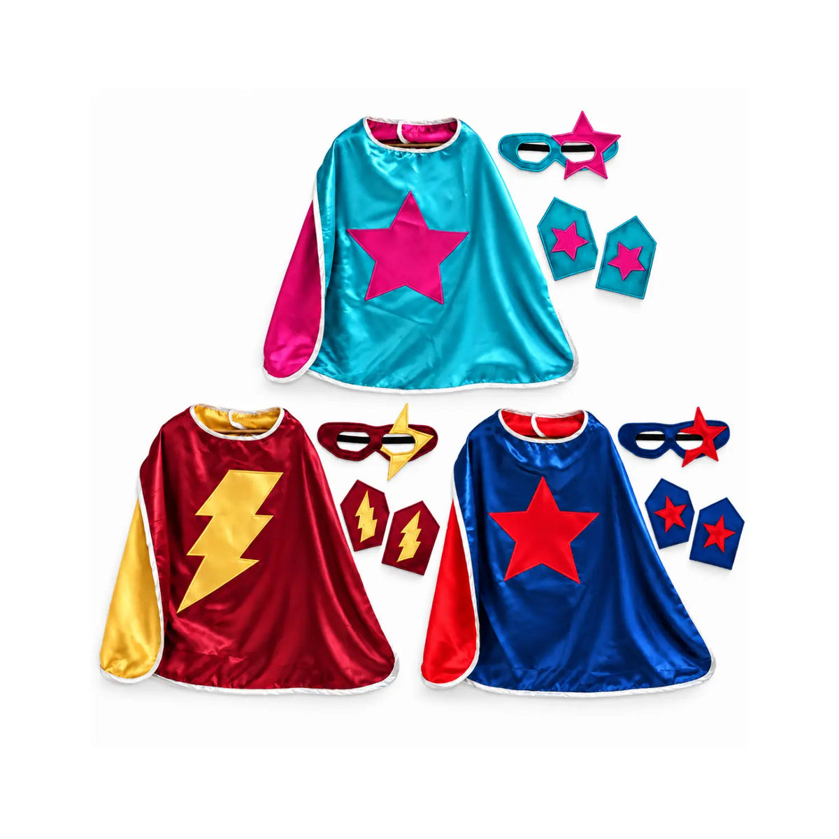 Three kids superhero cape sets in teal and magenta, burgundy and gold, and navy blue and red.