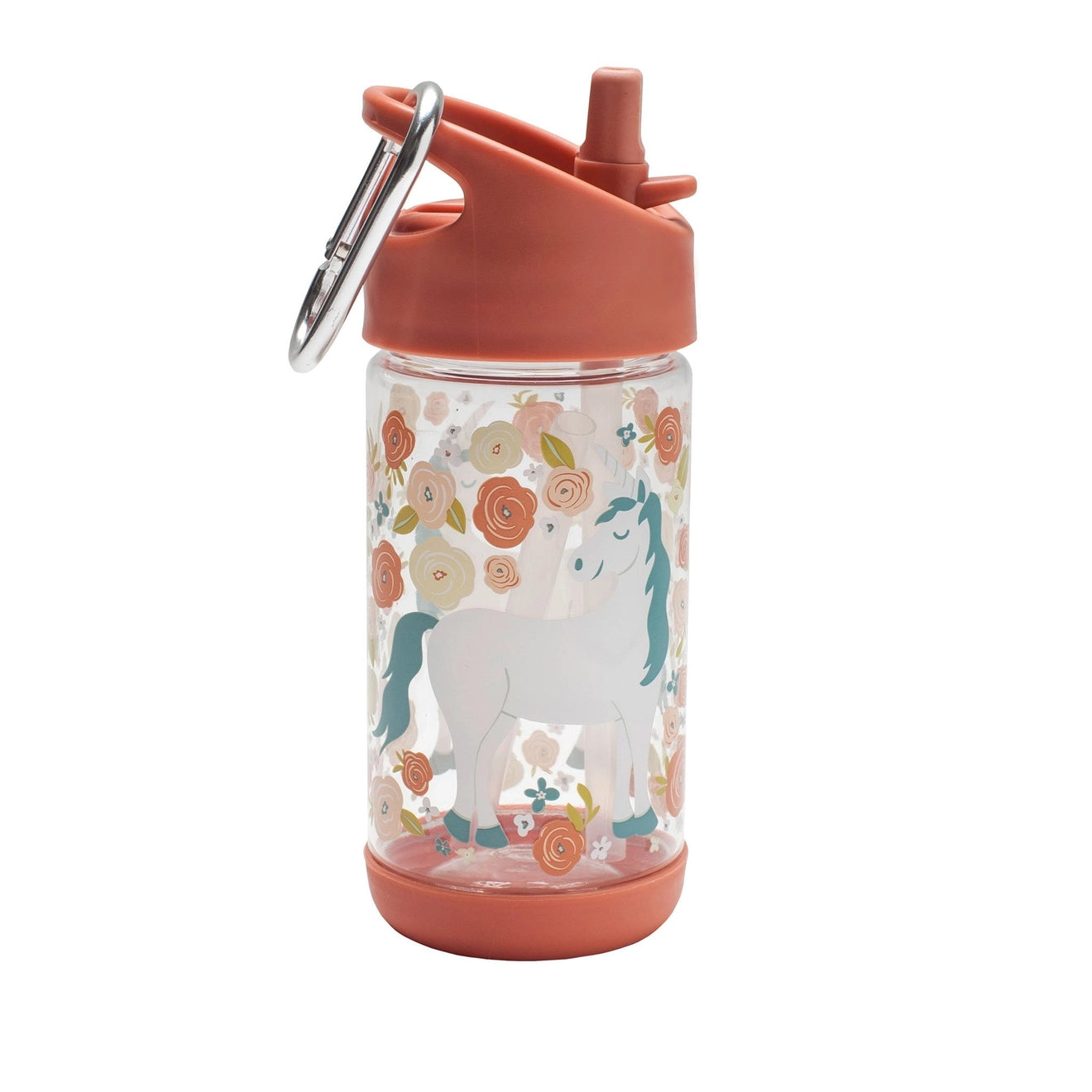 Clear water bottle with unicorn design and coral lid and base on a white background