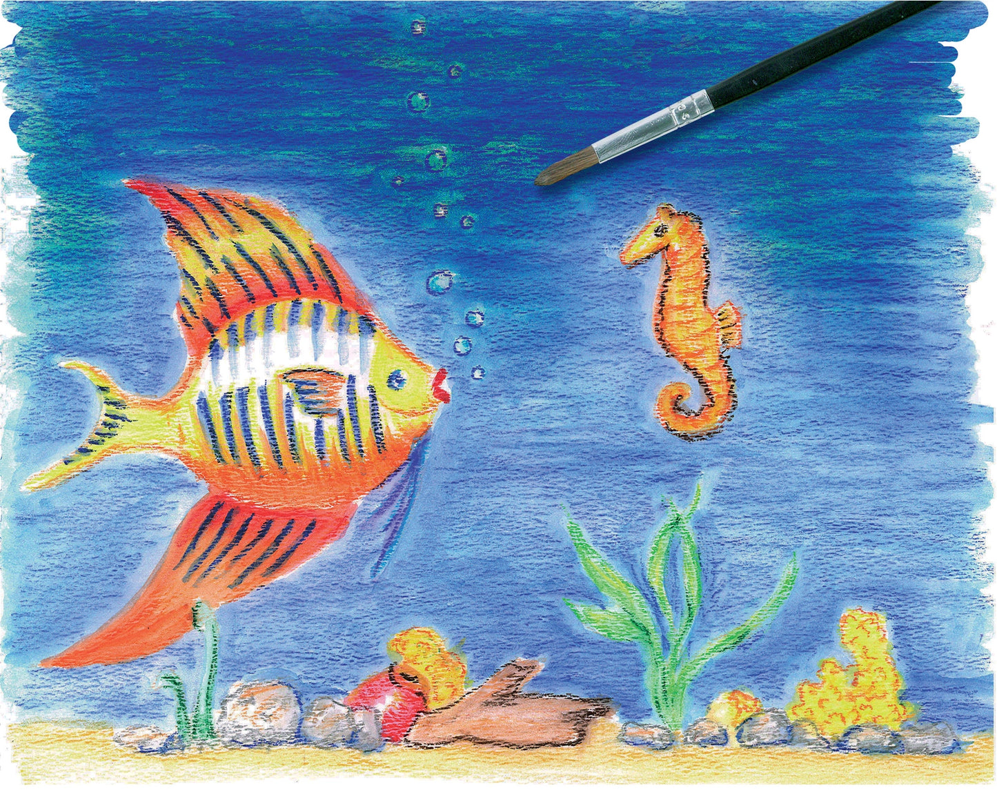 Watercolor illustration on the cold pressed paper of a fish and seahorse in the ocean