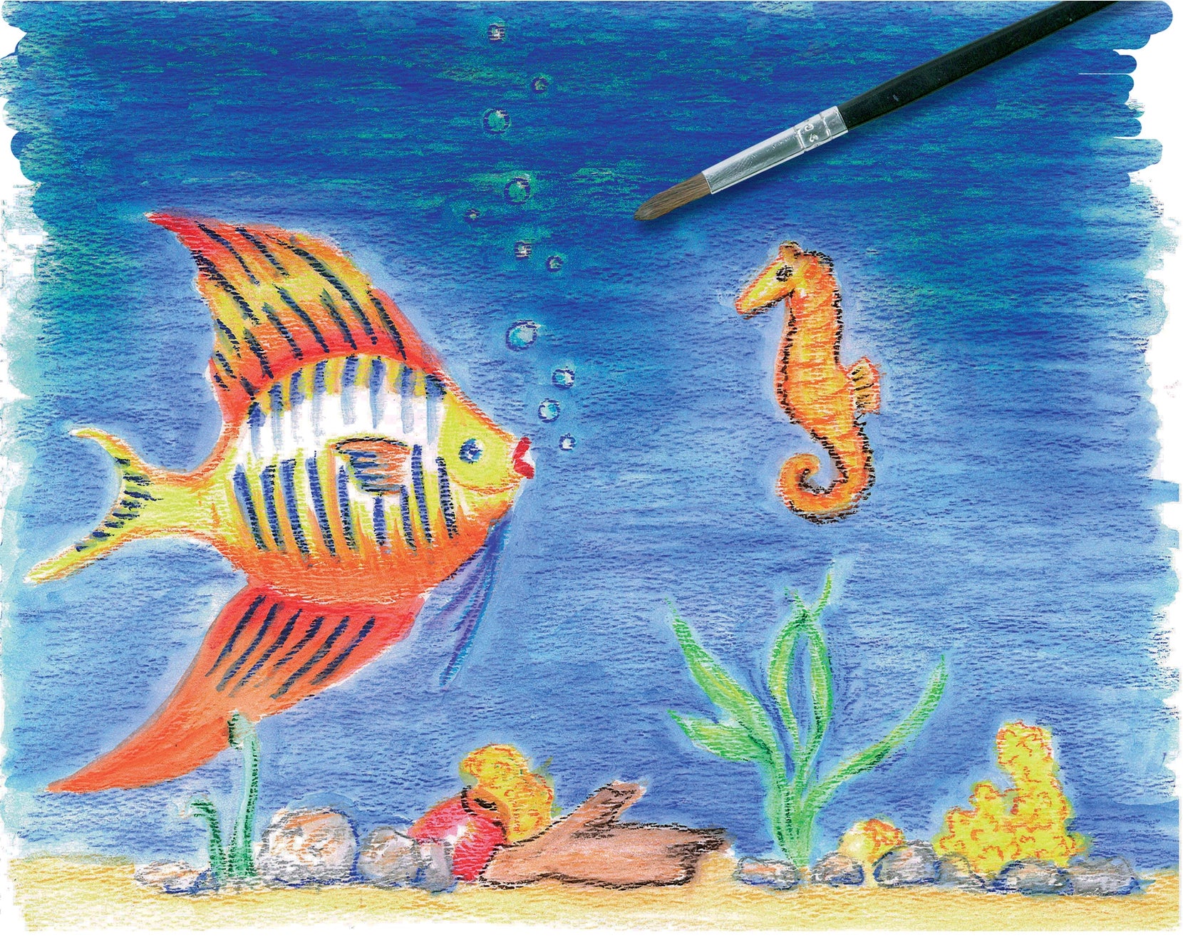 Watercolor illustration on the cold pressed paper of a fish and seahorse in the ocean