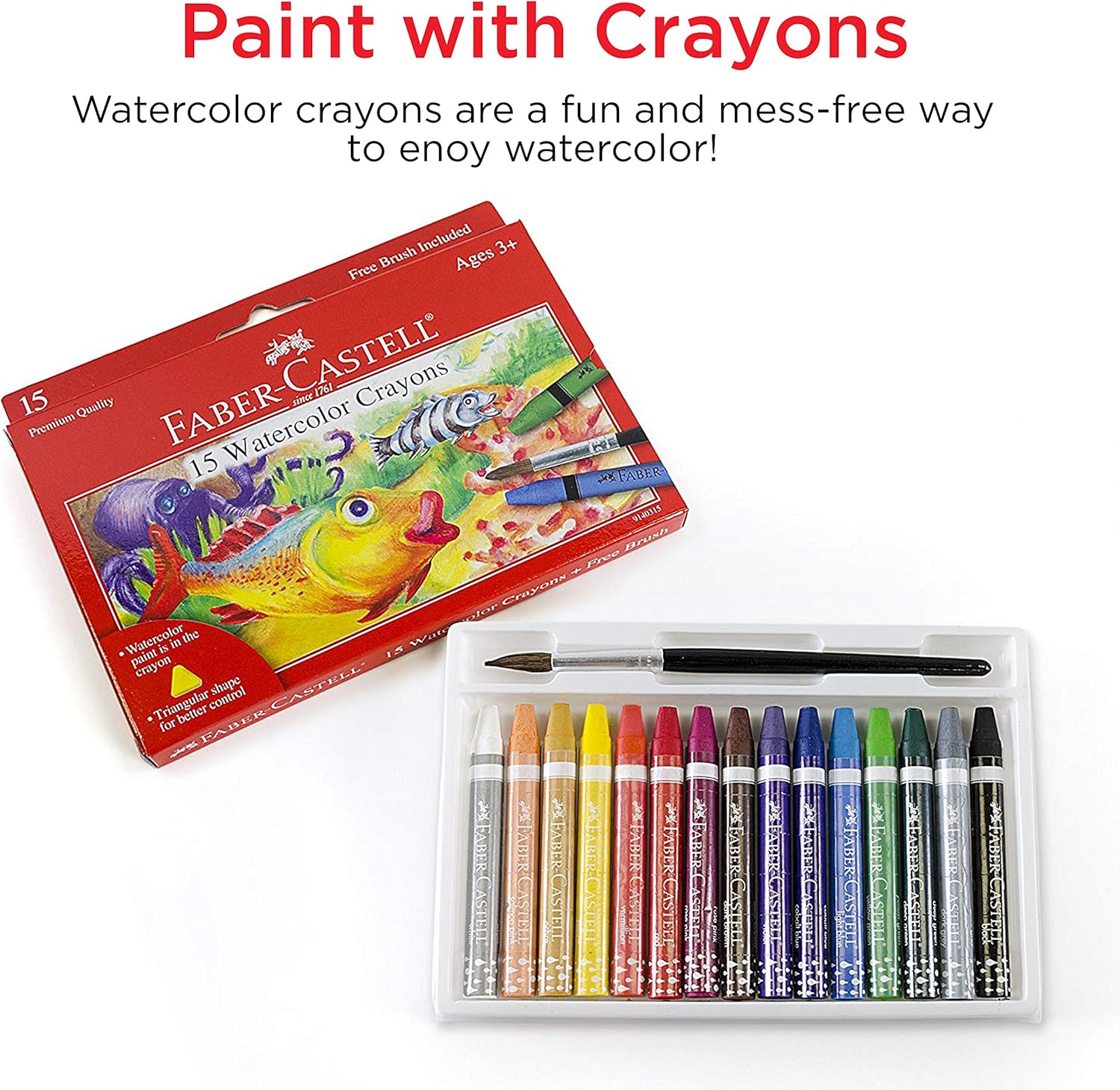 Faber-Castell watercolor crayon set with box and crayons displayed on a white background