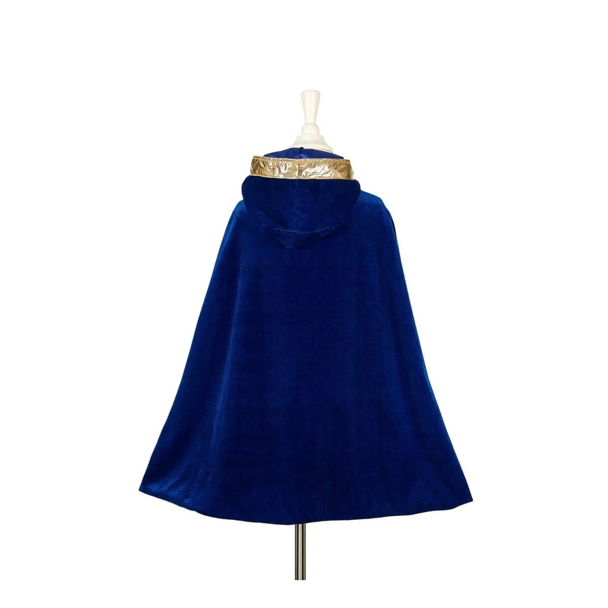 Children’s navy blue magician or wizard velour cape with hood and gold trim shown from front for dress-up play