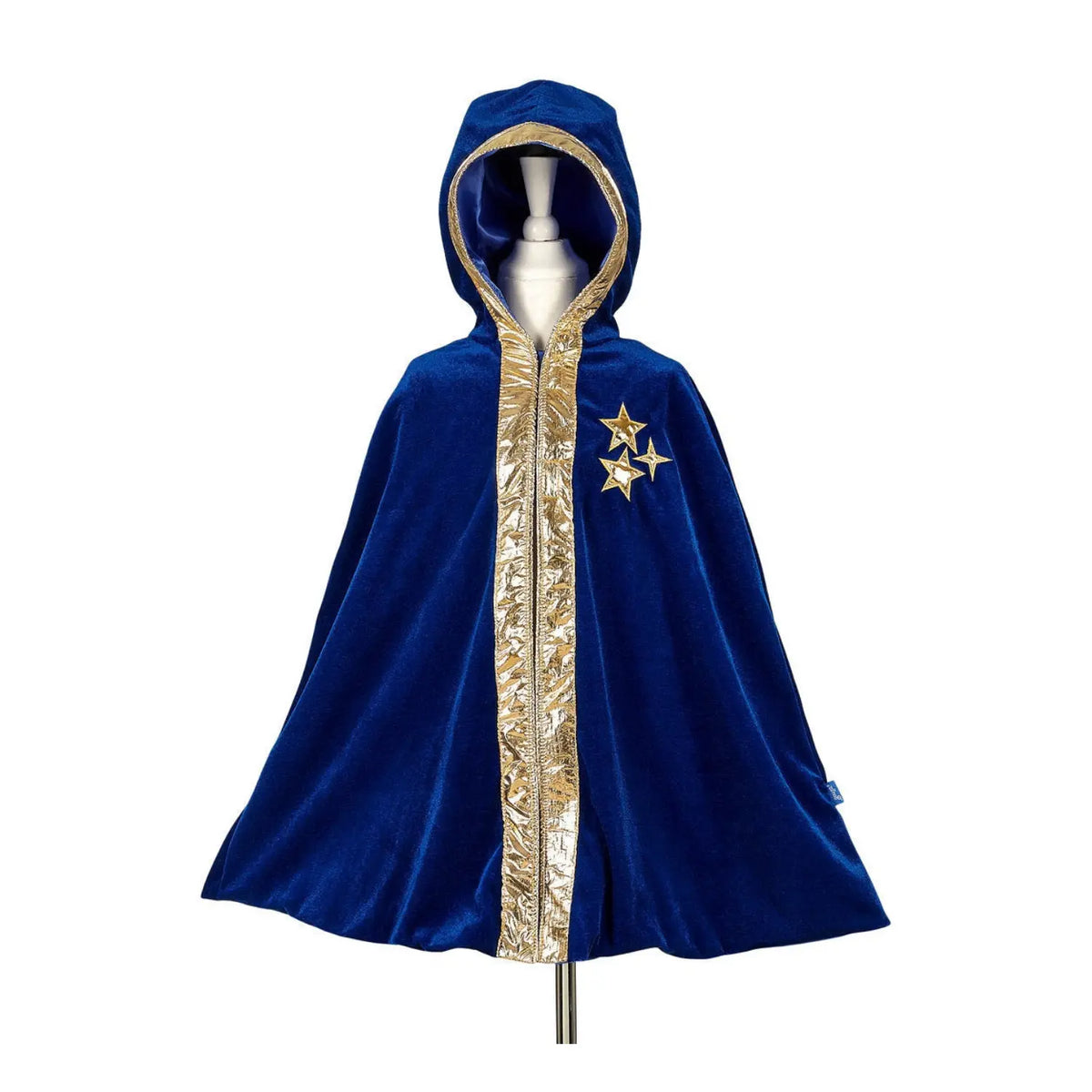Children’s navy blue magician or wizard velour cape with hood and gold trim shown from front for dress-up play