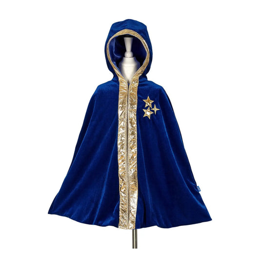 Children’s navy blue magician or wizard velour cape with hood and gold trim shown from front for dress-up play