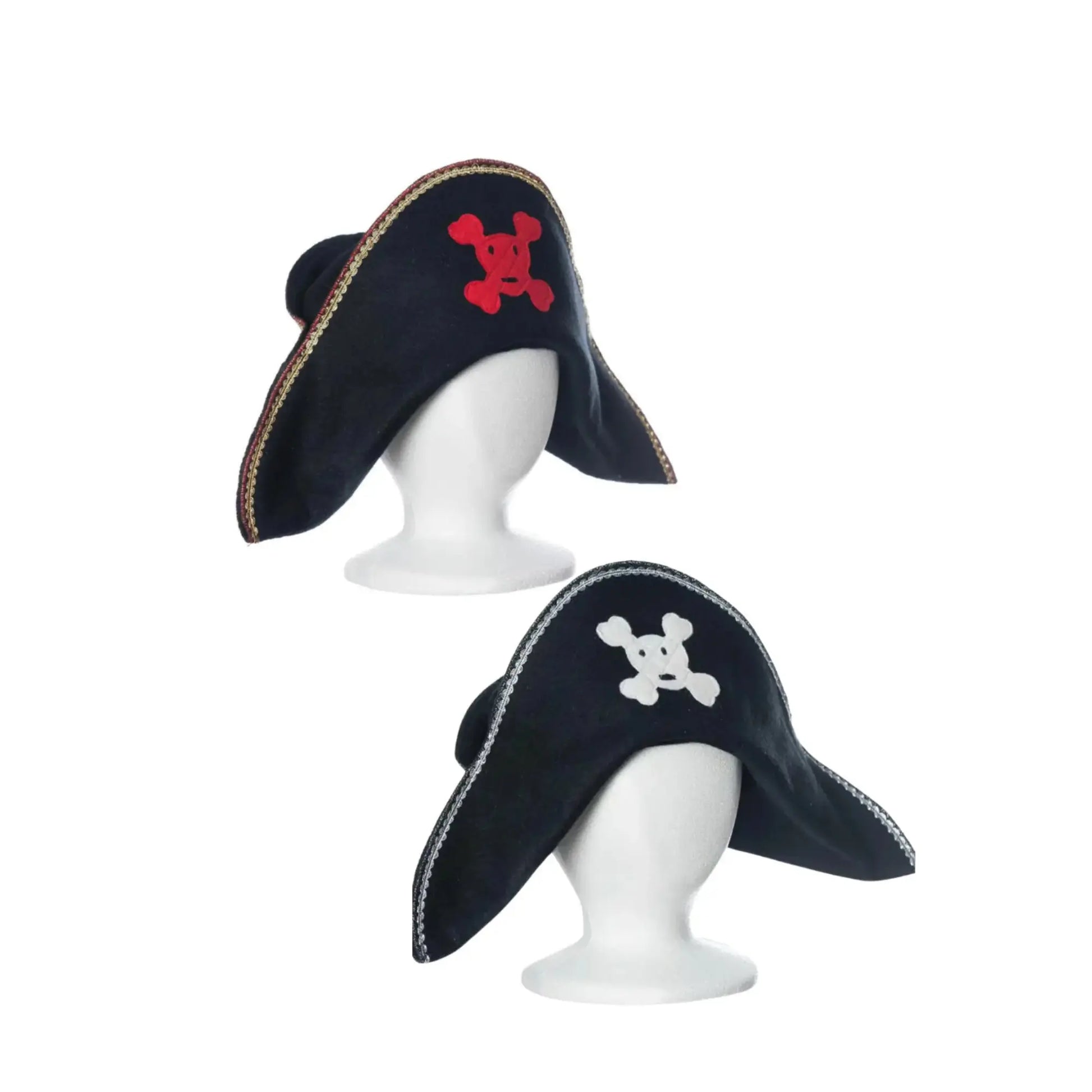 Two pirate hats on mannequin heads with skull and crossbones designs against a white background.