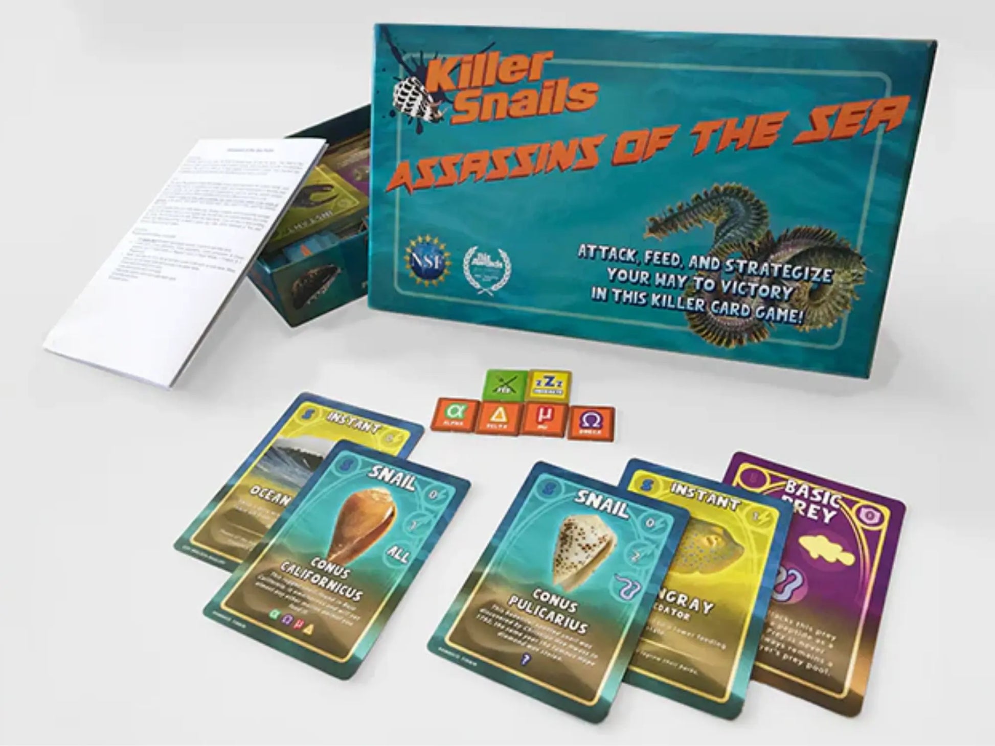 STEM game set with 'Assassins of the Sea' packaging and cards on a white background