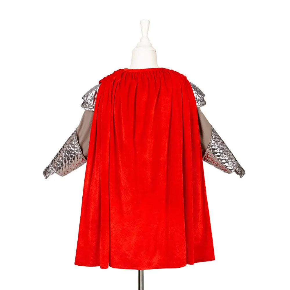 King Arthur knight costume back view showing red cape and gray tunic