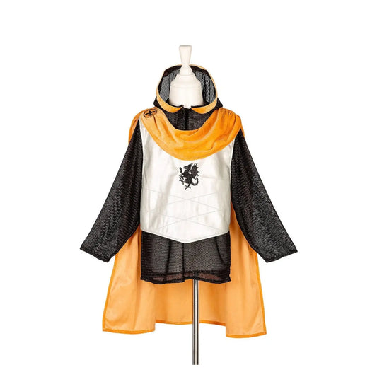 Golden yellow and black kid's Knights silver tunic featuring a black dragon design and velour cape