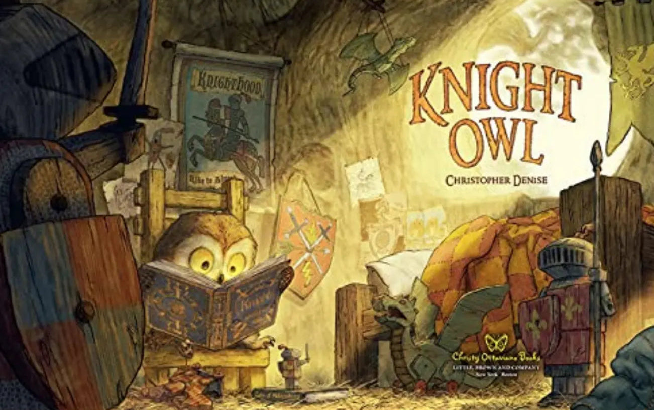 Illustration from Knight Owl showing Owl reading by candlelight inside a cozy medieval castle room filled with armor and books.