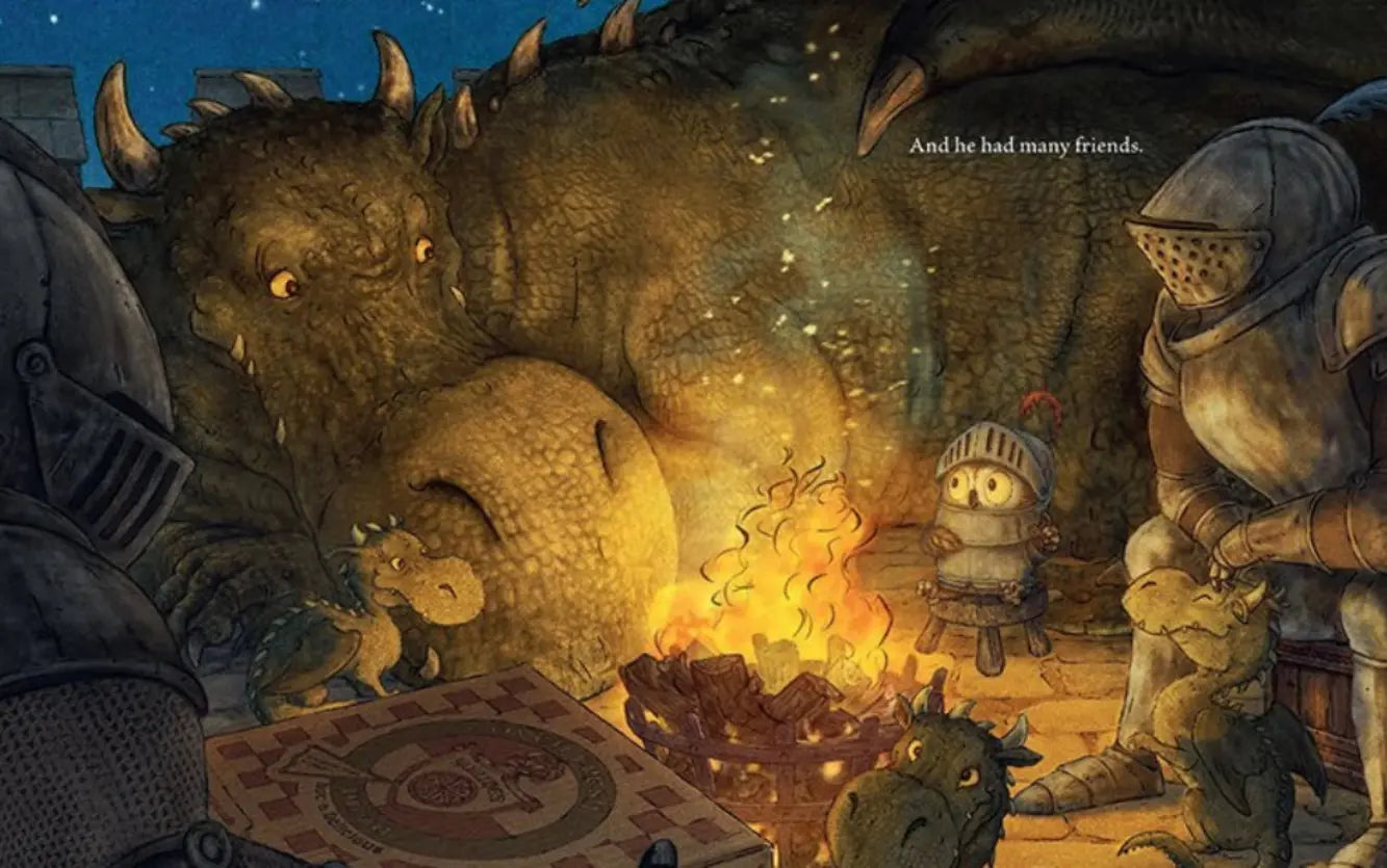 Illustration of a dragon, a knight, and the knight owl by a campfire at night.