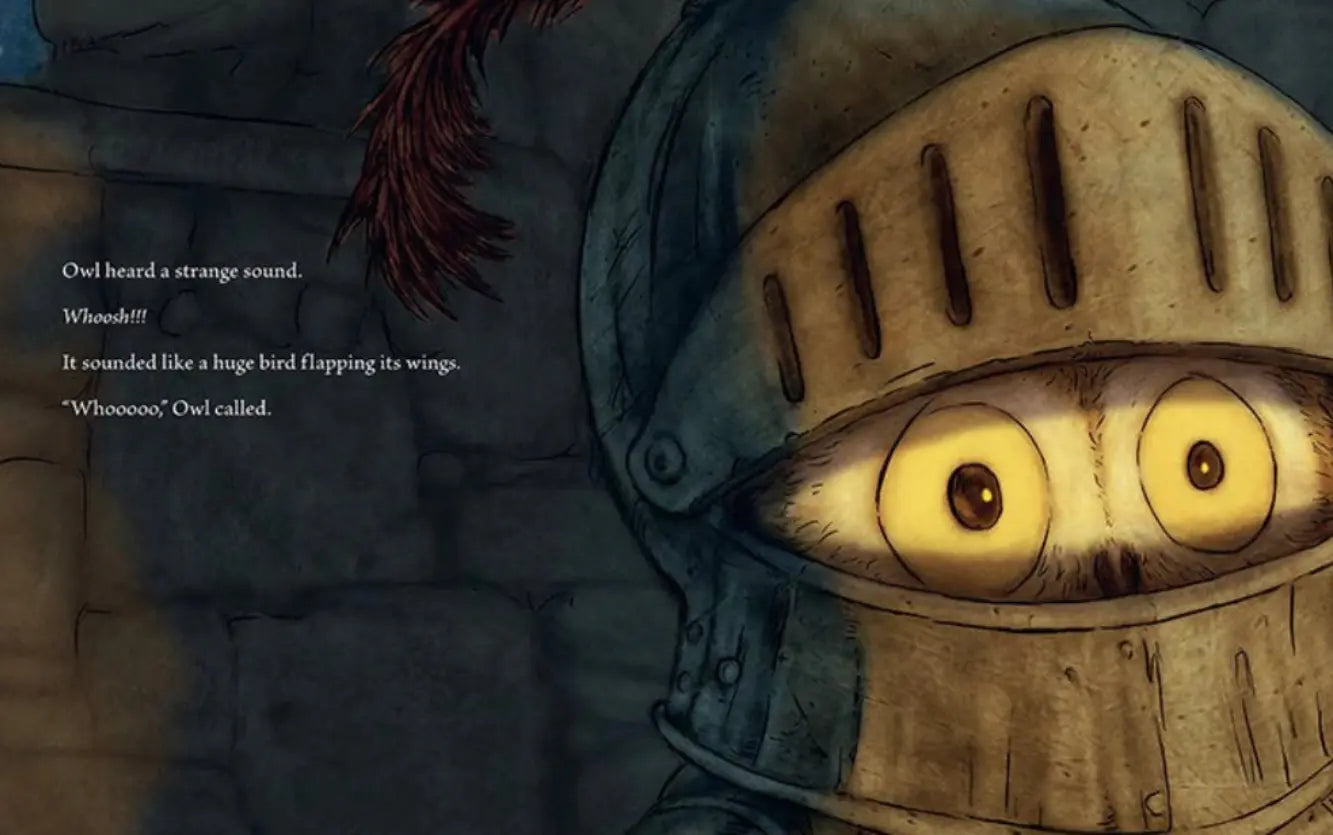 Close-up of the knight owl with glowing eyes and text with a castle wall in the background