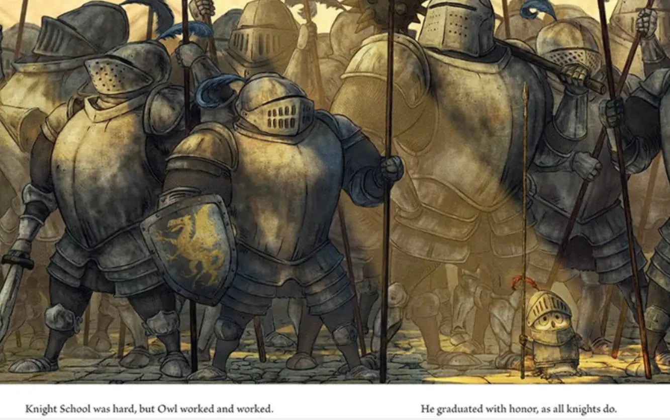 Illustration from Knight Owl featuring tiny Owl knight standing among towering armored knights during knight school training.