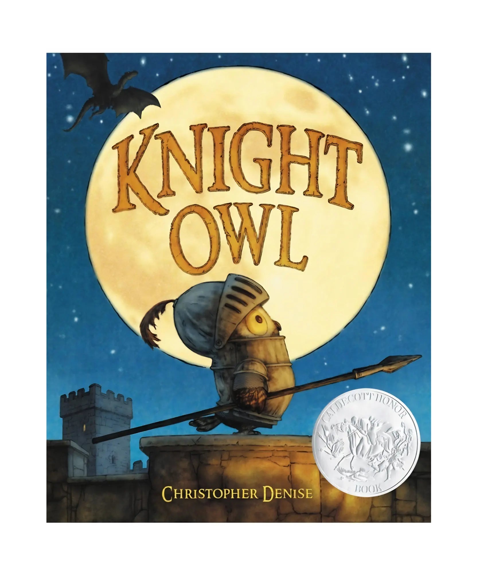 Book cover of 'Knight Owl' with a knight on a tower and owl against a moonlit sky.