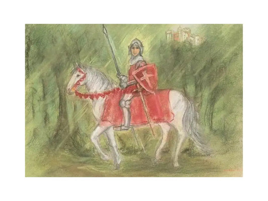 Marjan van Zeyl fairy tale postcard of Knight Percival on a horse