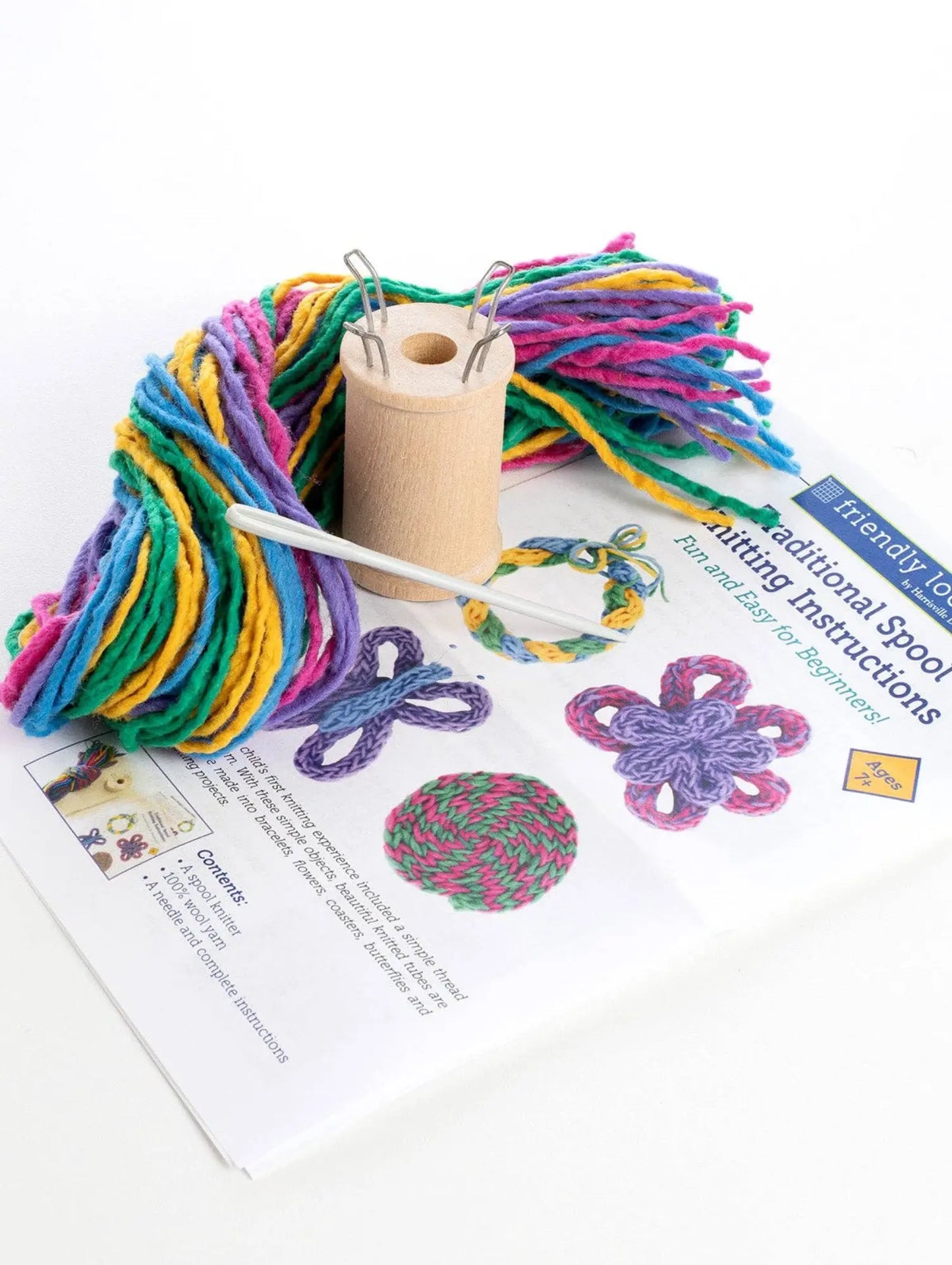 Colorful yarn on a wooden spool with knitting instructions on a white background