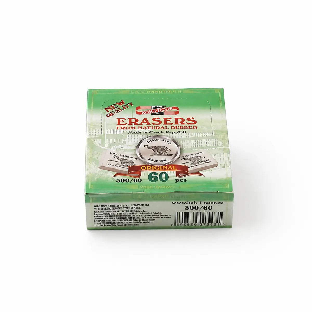 koh-i-noor 300/60 erasers box angled view plastic-free bulk box for classroom erasers