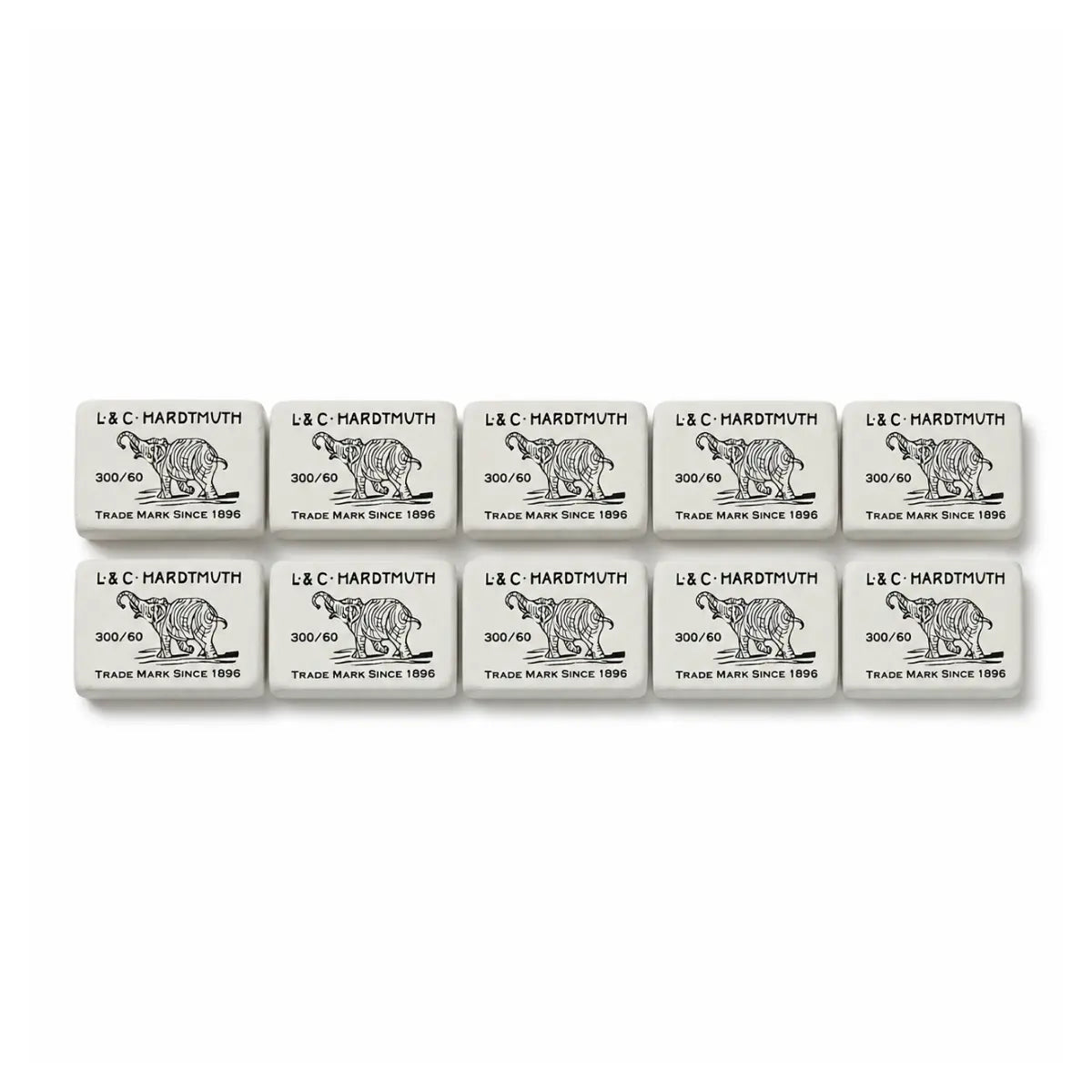 Ten Koh-I-Noor natural rubber erasers in two rows of five showing the 300/60 L&C Hardtmuth branding
