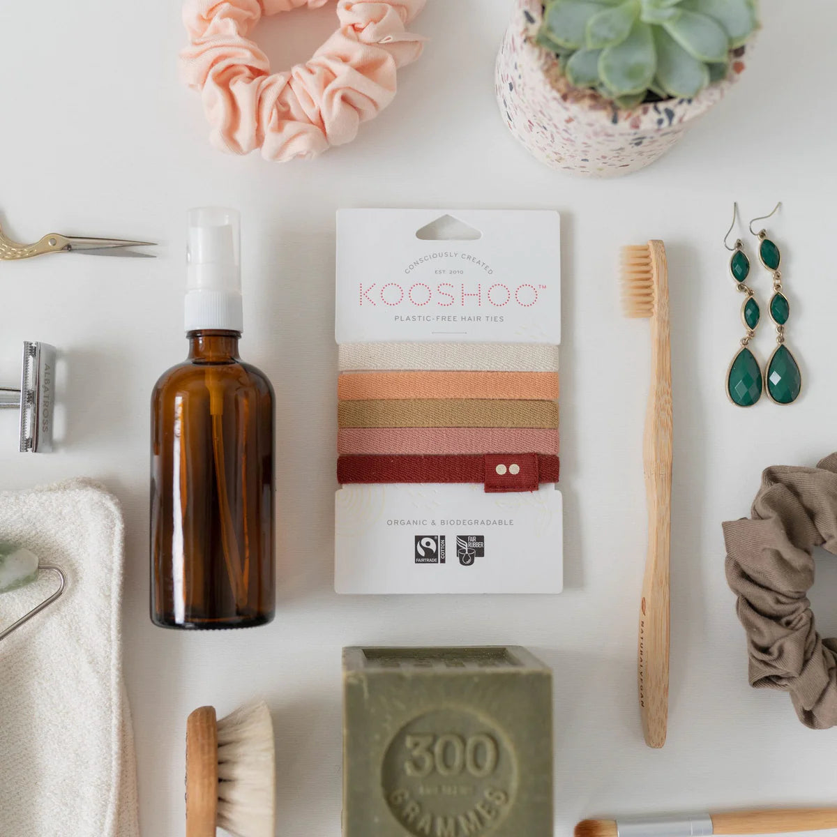 Kooshoo plastic free hair ties in a lifestyle scene