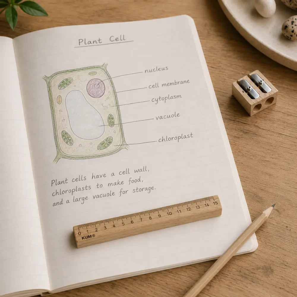 KUM 15 cm wooden ruler and straight edge beside a plant cell science notebook drawing