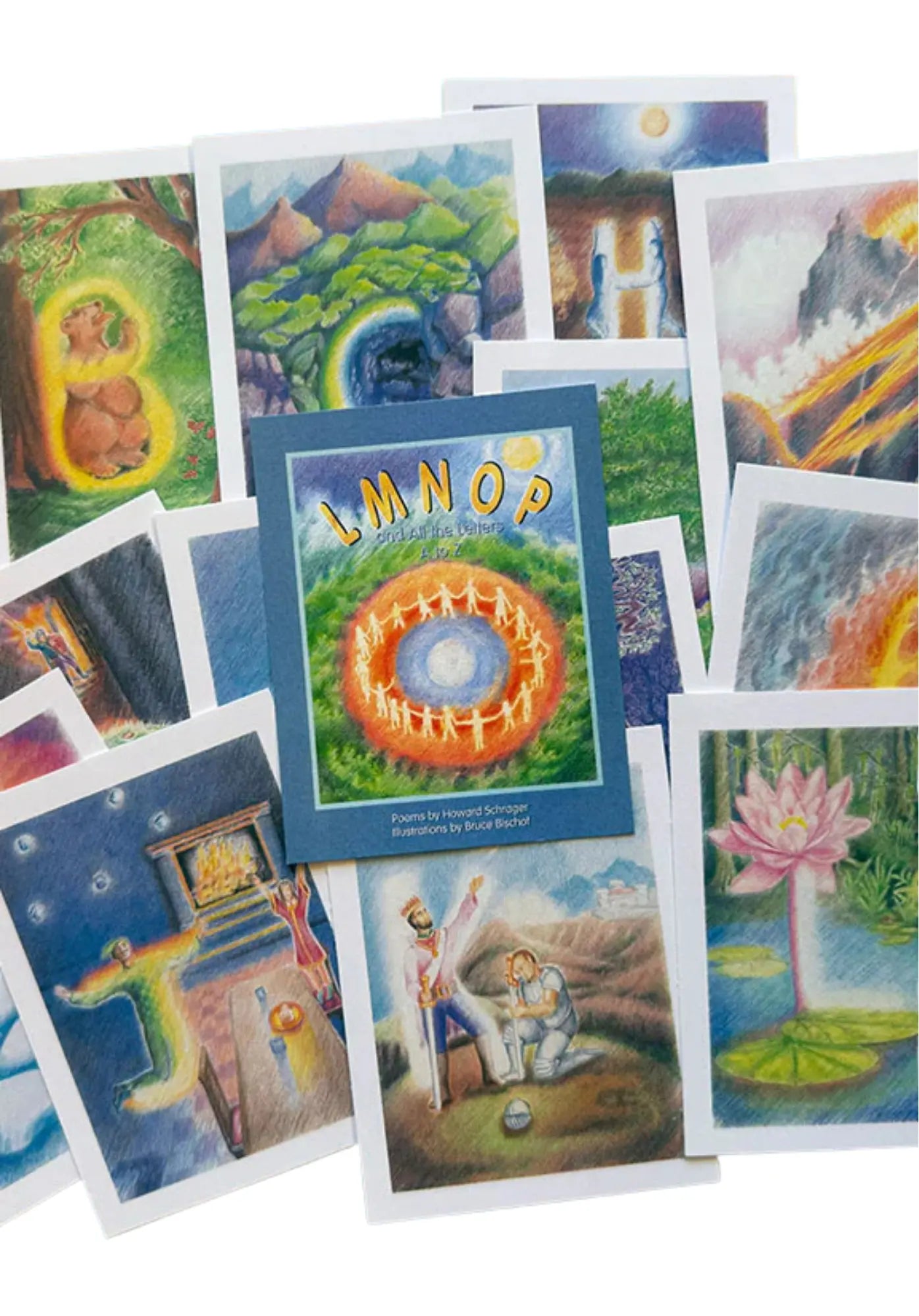 Collection of colorful  Waldorf alphabet cards with various illustrations on a white background.