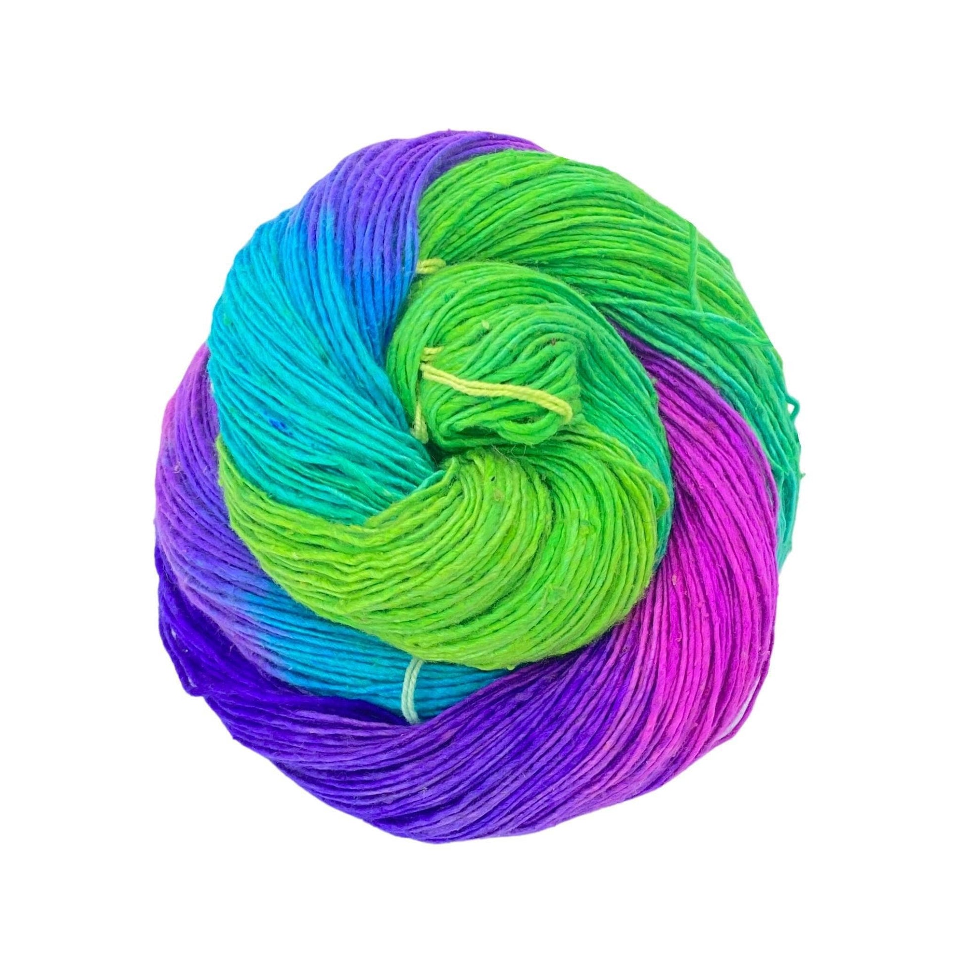 lace weight recycled silk yarn in neon green, blue, pink, and purple