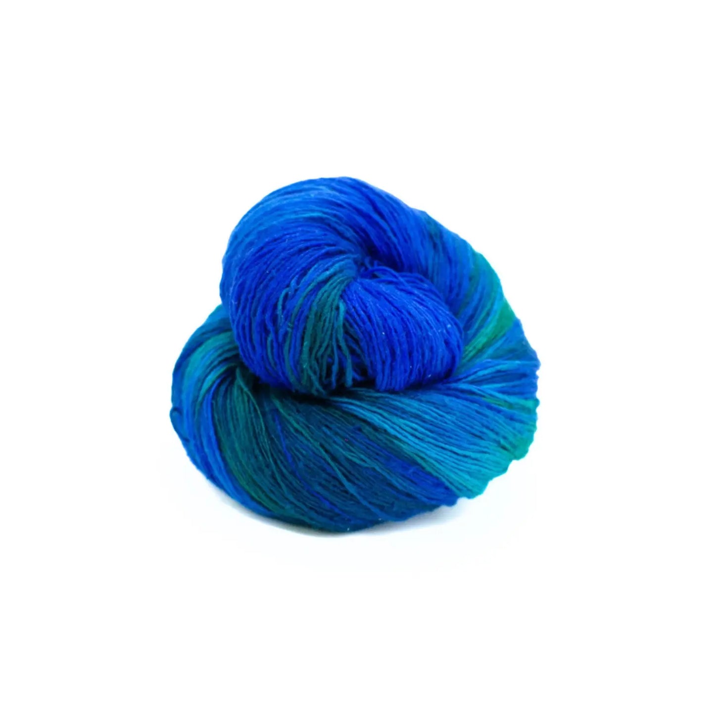 Enchanted Forest lace weight recycled silk yarn in deep blue, teal, and green
