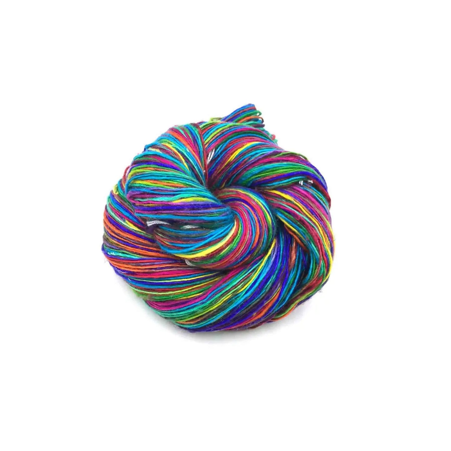 Exotic Rainbow lace weight recycled silk yarn with bright multicolored strands