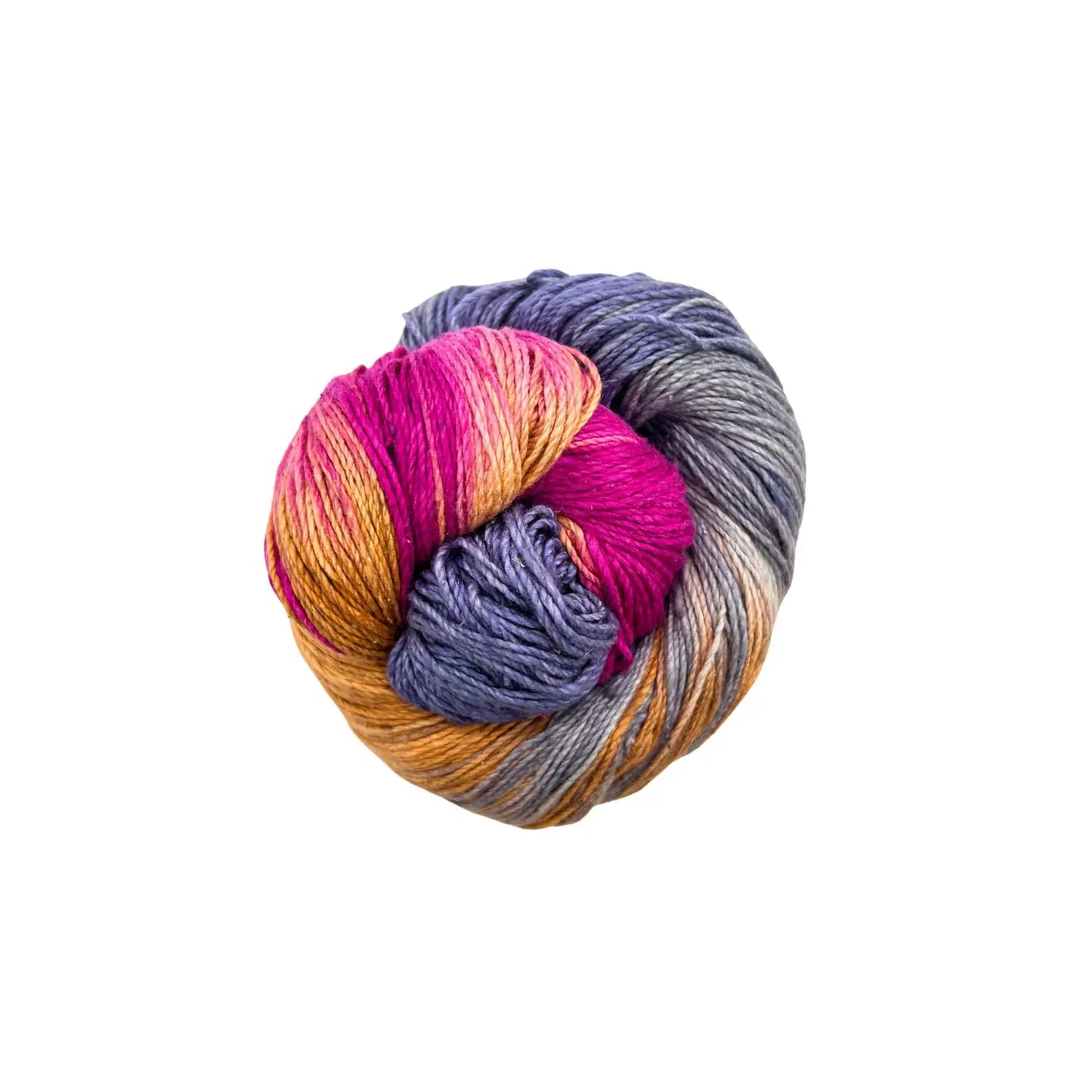 Outback Oasis lace weight recycled silk yarn in pink, gold, lavender, and gray