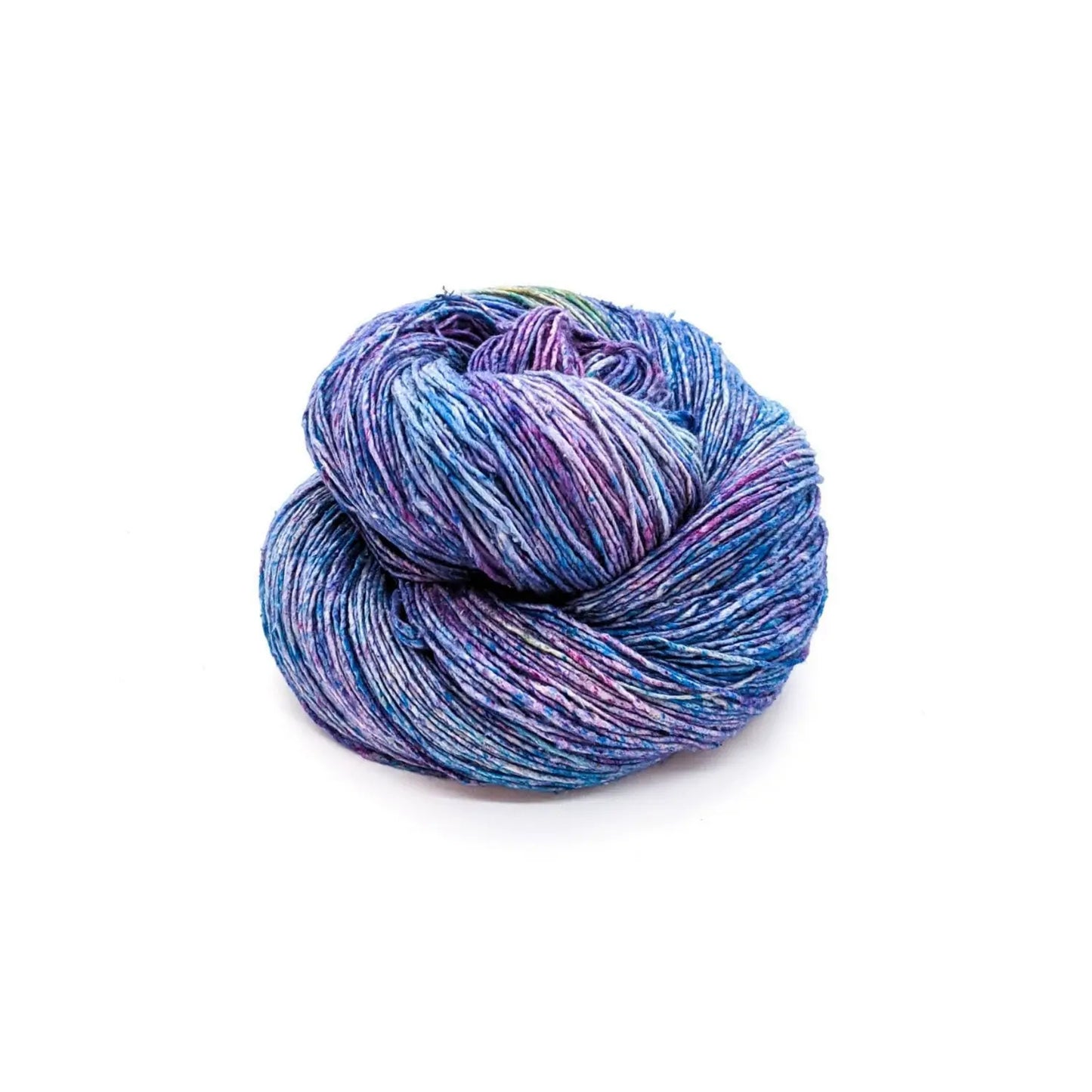 Tidal Pool lace weight recycled silk yarn in soft blue, lavender, purple, and silver tones