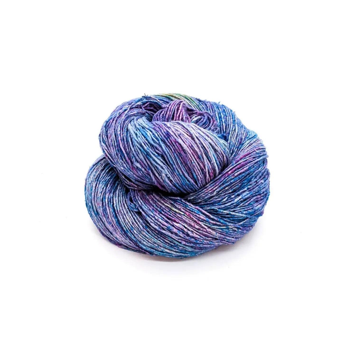 Tidal Pool lace weight recycled silk yarn in soft blue, lavender, purple, and silver tones
