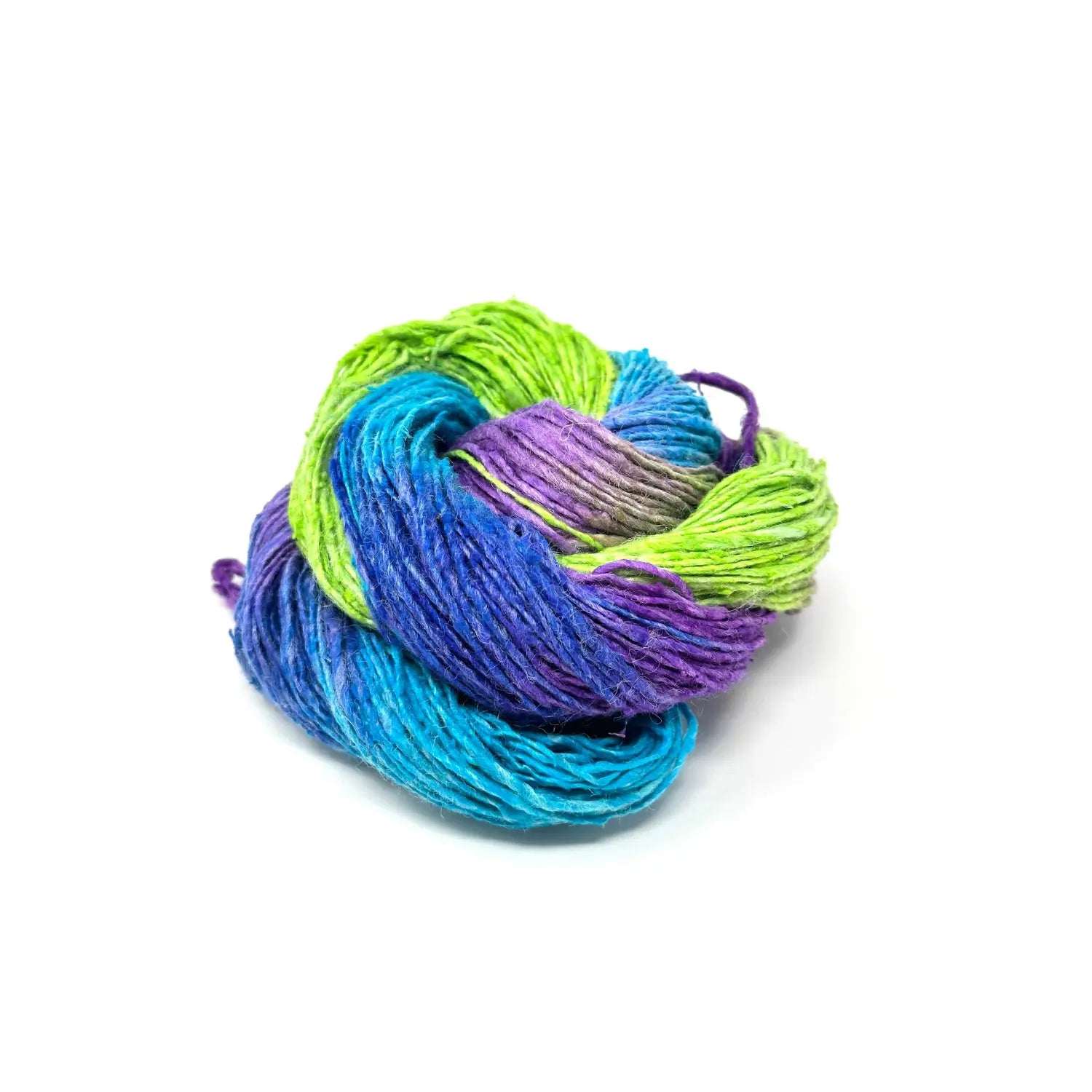 Vibrant Peacock lace weight recycled silk yarn in lime green, turquoise, blue, and purple