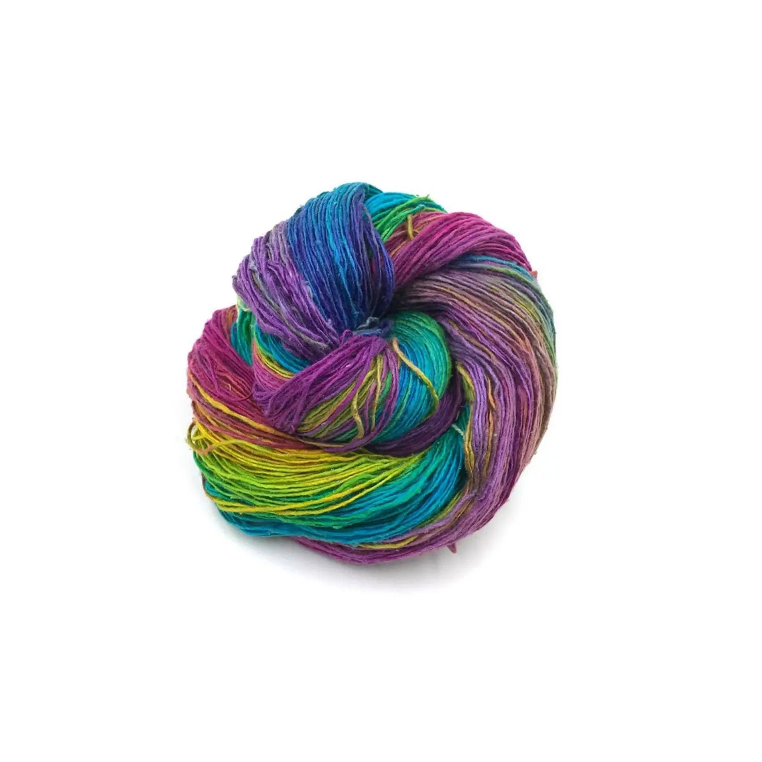 Watercolors lace weight recycled silk yarn in purple, teal, green, blue, and gold