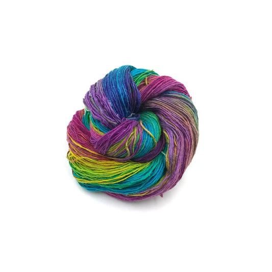 Watercolors lace weight recycled silk yarn in purple, teal, green, blue, and gold